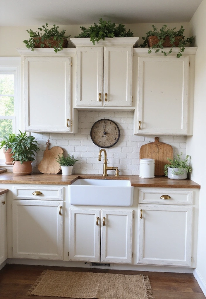 Rustic farmhouse kitchen with white cabinets and gold hardware