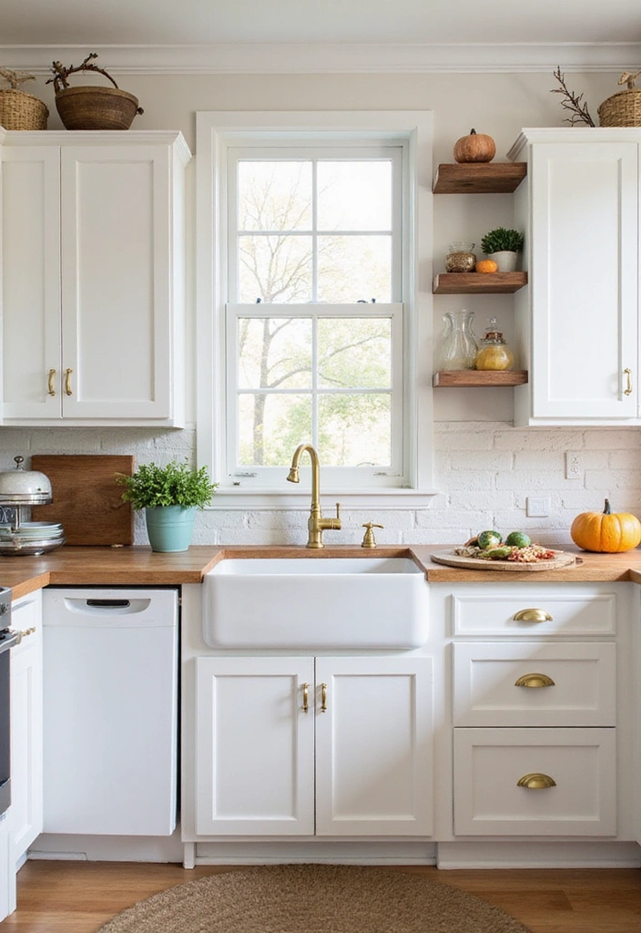 Kitchen with seasonal decor complementing white cabinets and gold hardware