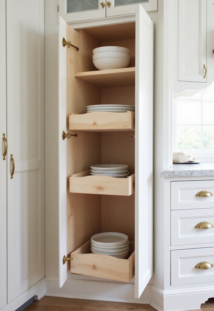 Kitchen with smart storage solutions and white cabinets with gold hardware