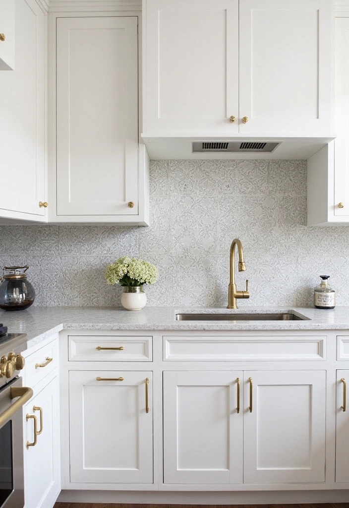 Kitchen with sophisticated backsplash and white cabinets with gold hardware