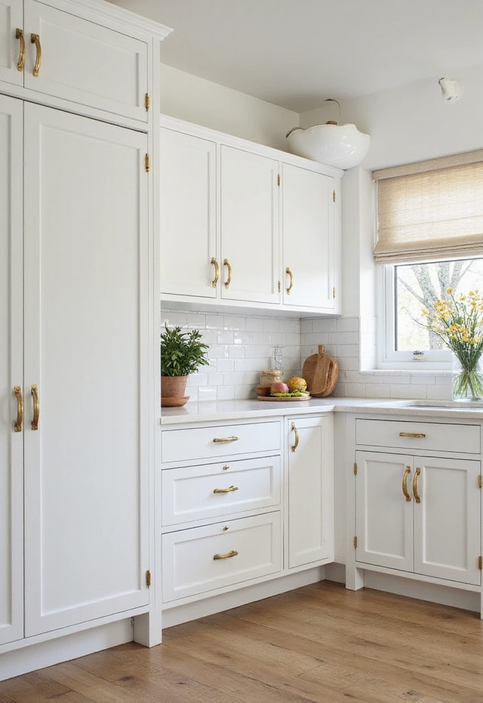 Sustainable kitchen with white cabinets and gold hardware