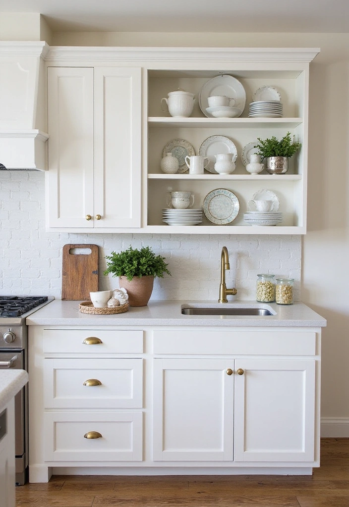 Kitchen with elegant accessories complementing white cabinets and gold hardware