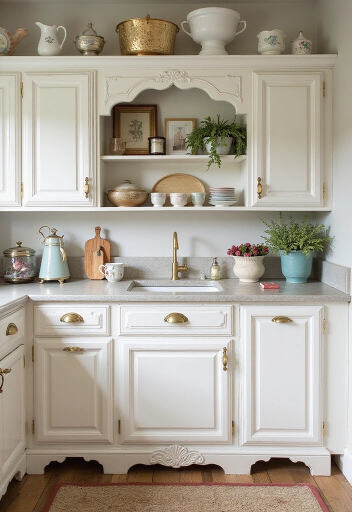 Vintage-inspired kitchen with white cabinets and gold hardware
