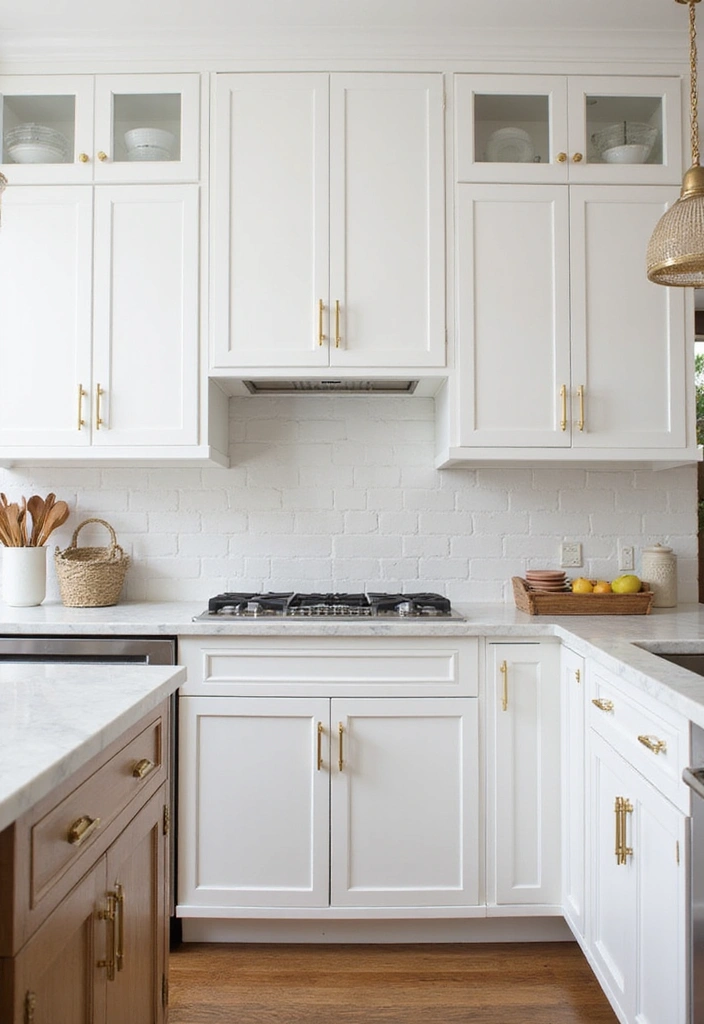 Elegant kitchen with white cabinets and gold hardware
