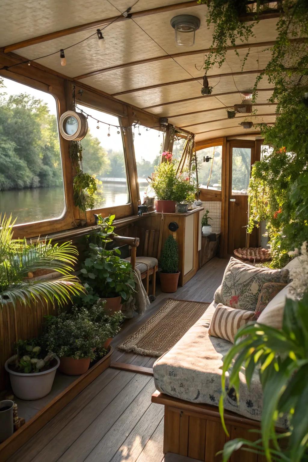 Lush plants brighten this houseboat's interior.