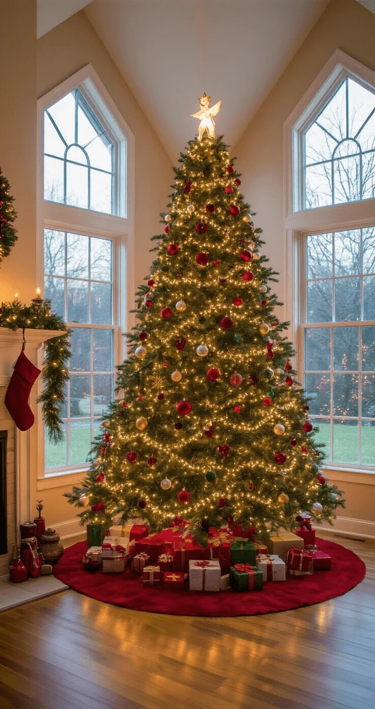 Traditional Christmas Tree Magic: A Festive Decorating Adventure A spacious living room featuring a large 8ft Fraser fir Christmas tree adorned with warm white LED lights and colorful ornaments, surrounded by wrapped gifts on a plush red tree skirt. A cozy armchair sits to the right of the tree, and stockings hang from a fireplace to the left, all illuminated by warm ambient lighting. The scene is inviting and festive, captured from a wide angle to showcase the entire room.