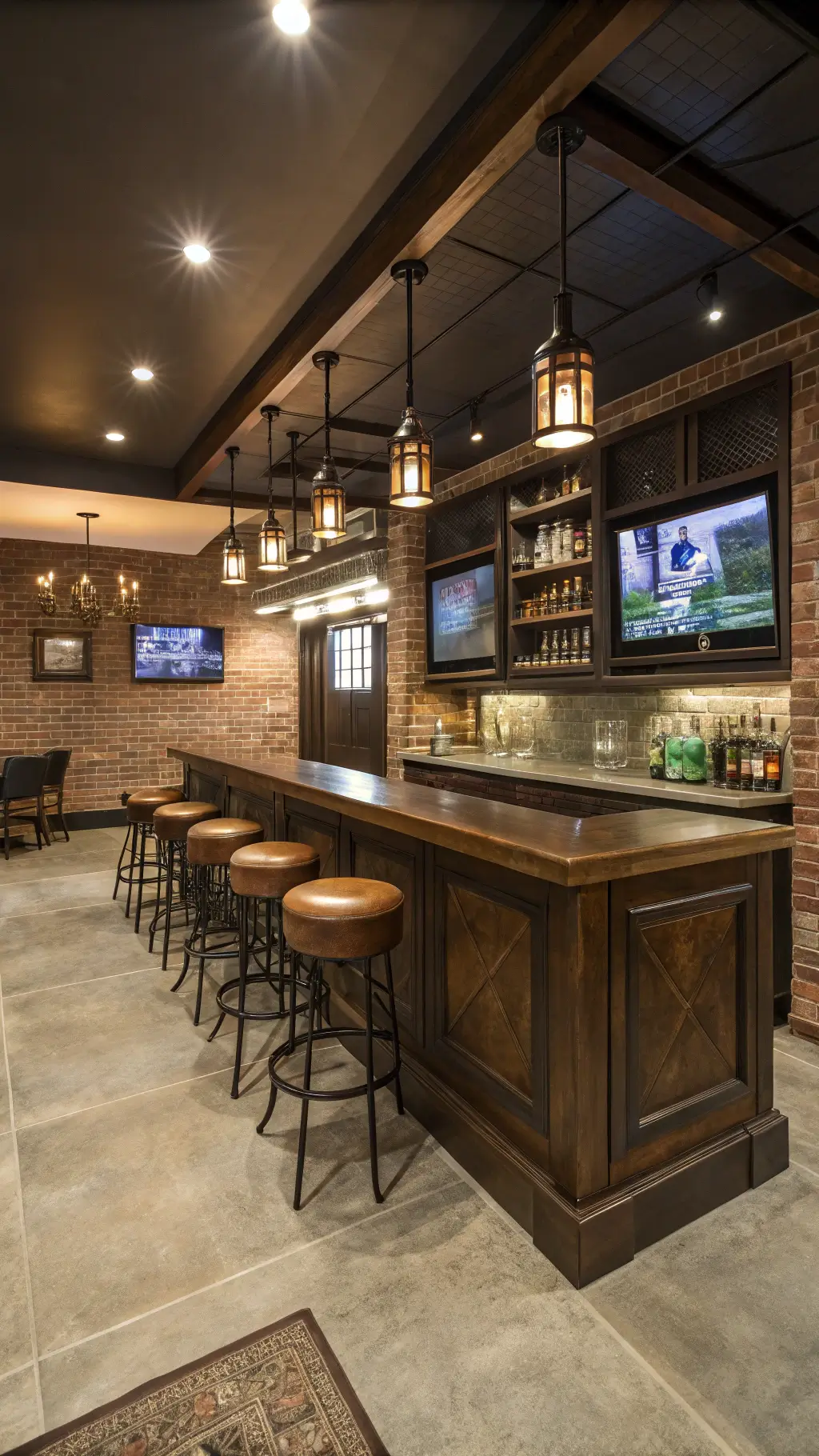 luxurious industrial modern basement bar with mahogany leather barstools exposed brick wall mounted tvs premium spirits on floating shelves polished concrete floors under pendant lighting and vintage memorabilia bathed in golden sunlight