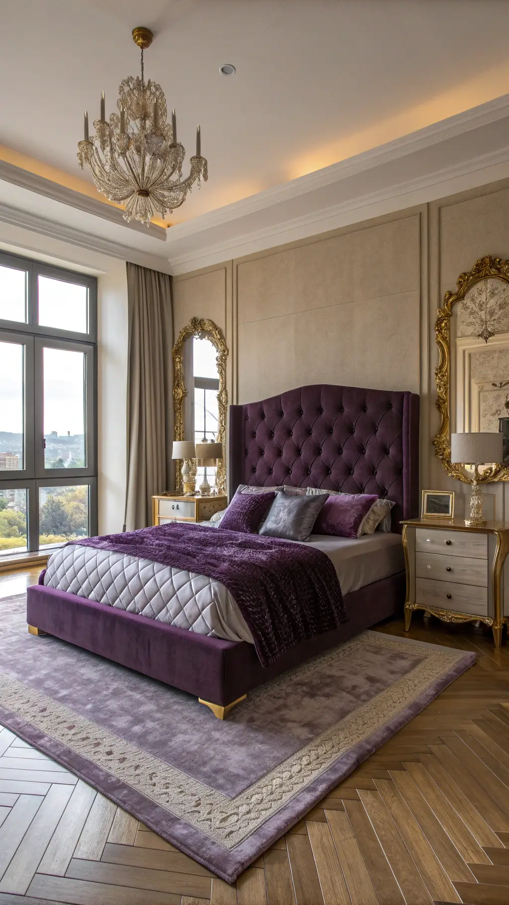luxurious master bedroom with plum velvet king bed and golden afternoon light