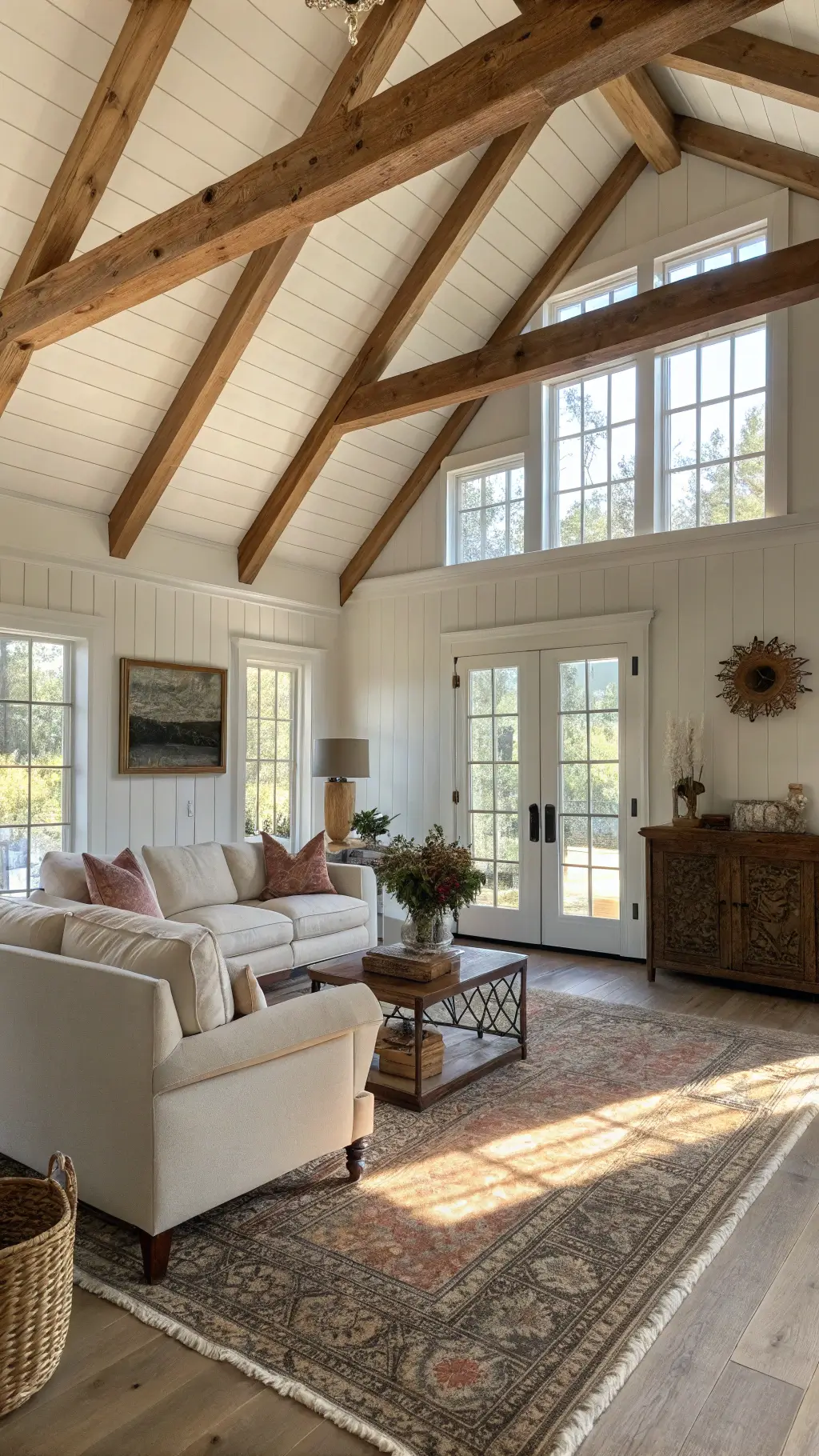 Sunlit living room with cream sofa, wooden accents, vintage decor, and large windows at golden hour
