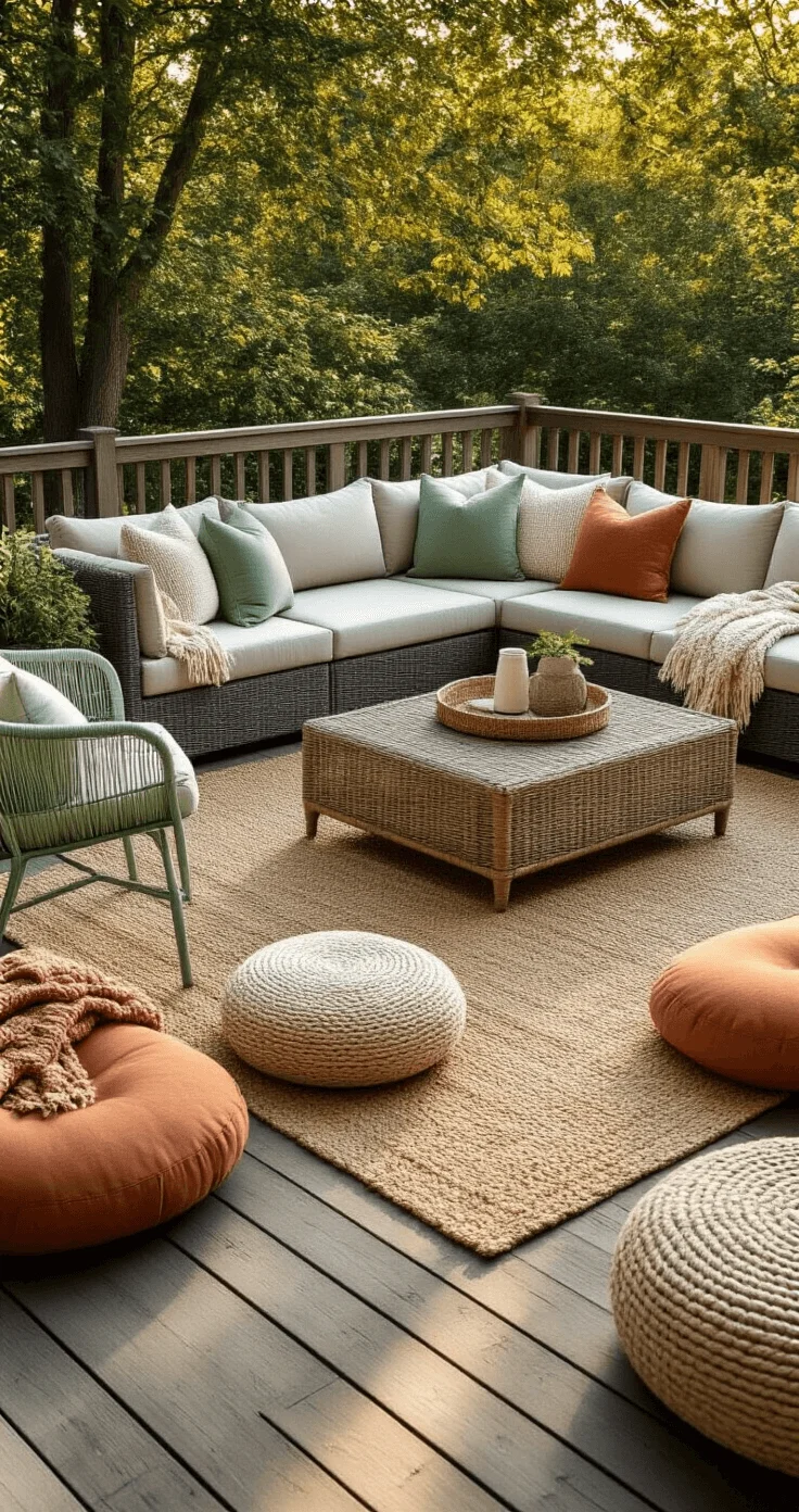 Revamp Your Outdoor Haven: 15+ Inviting Patio Inspirations Golden hour cozy patio with sectional sofa, cushions, wicker table, and vintage chairs