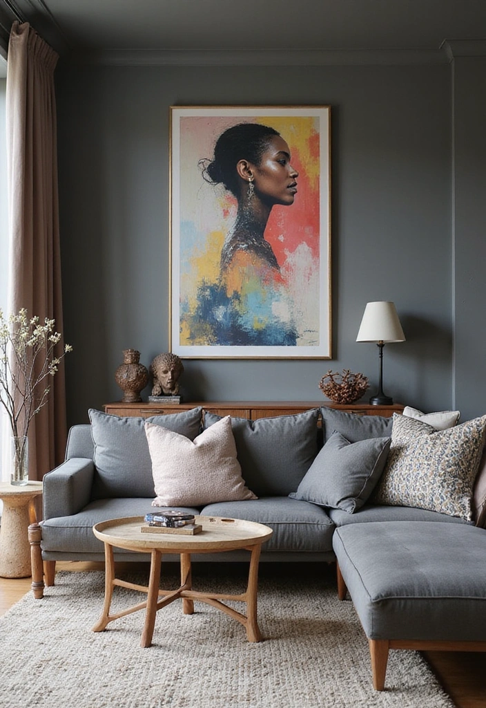 Artistic Grey Living Room with Marble Accents