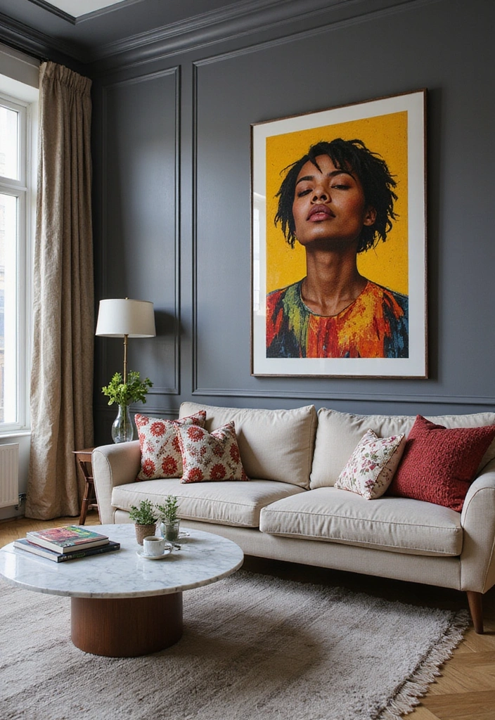 Bold Patterns and Textures in Grey Living Room with Marble