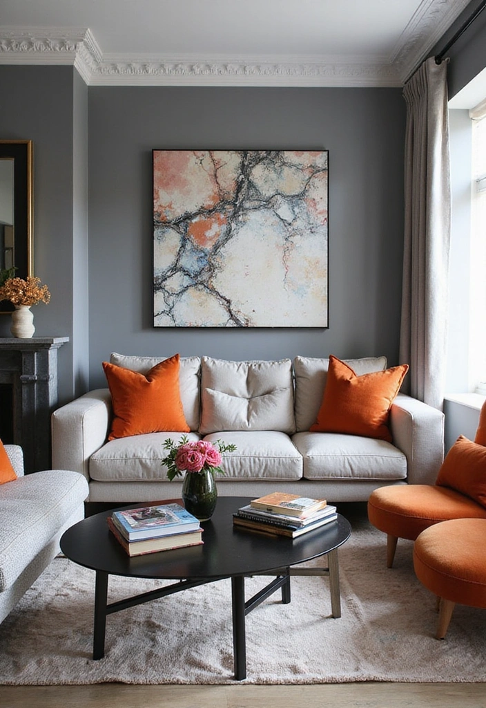 Grey Living Room with Marble and Colorful Accents