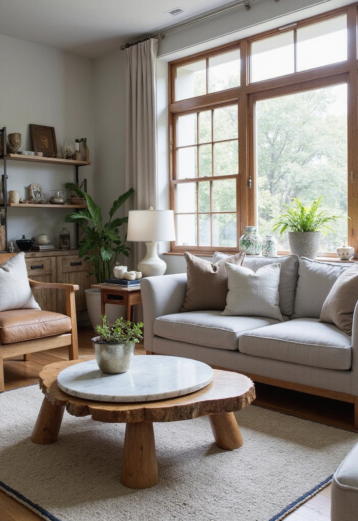 Warm Rustic Grey Living Room with Marble Accents