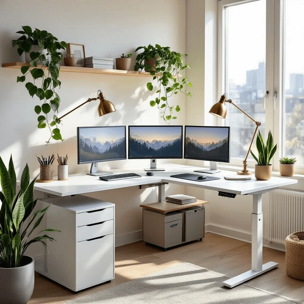 Modern L-shaped standing desk with dual monitors and greenery in a bright office corner