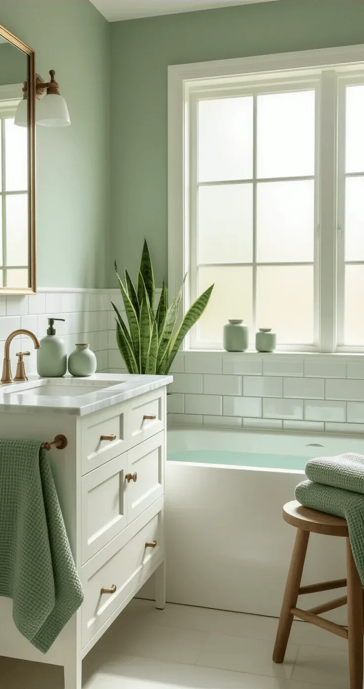 Medium-sized bathroom in soft sage green with natural light, white subway tiles with sage grout, floating vanity, marble countertop, sage towels, snake plant, and calming sage walls