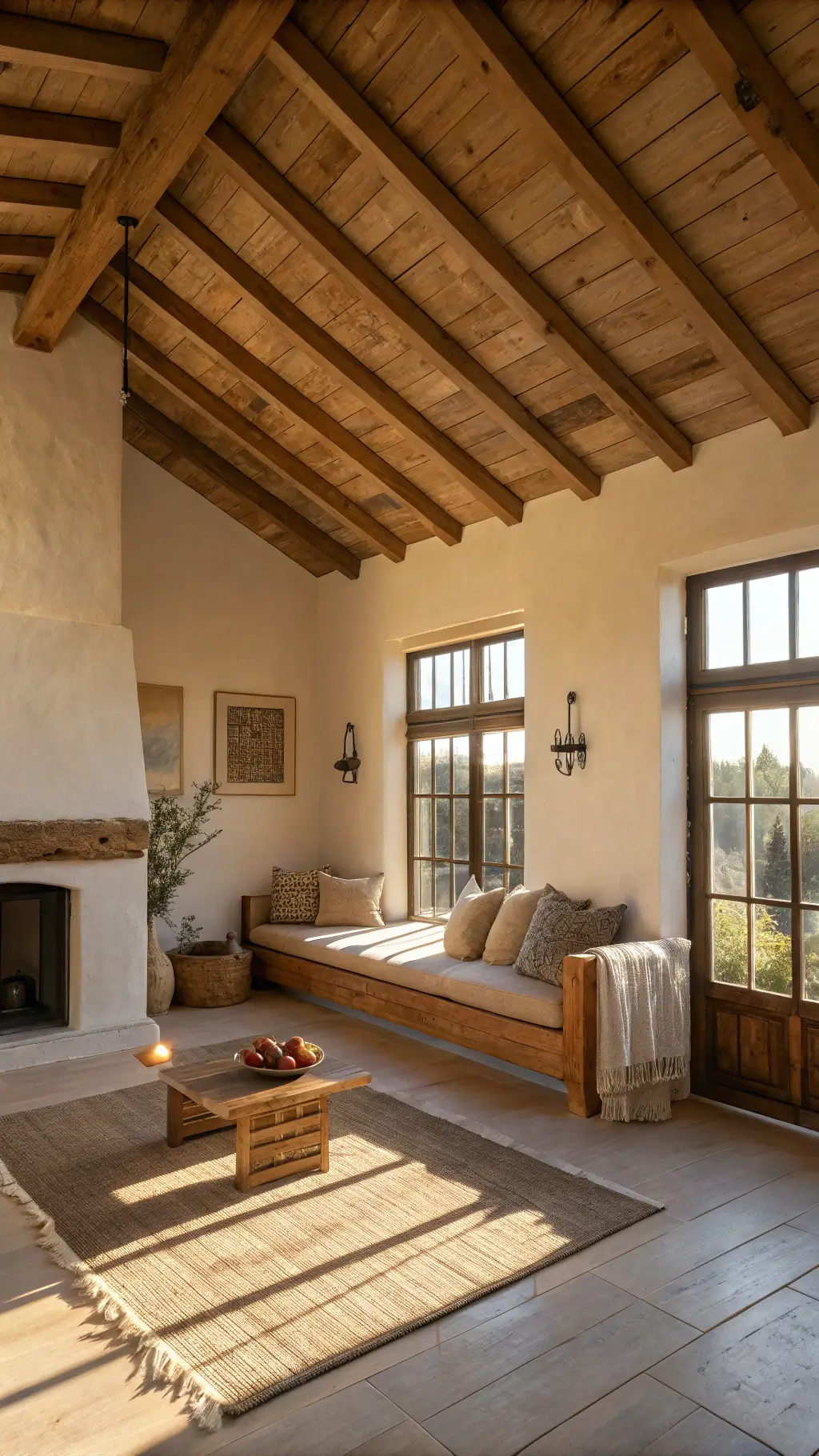 Minimalist living room bathed in warm sunset light featuring a weathered wooden bench with antique repair marks, high cedar beam ceiling, uneven clay plaster walls, and rustic decor on floating shelf.