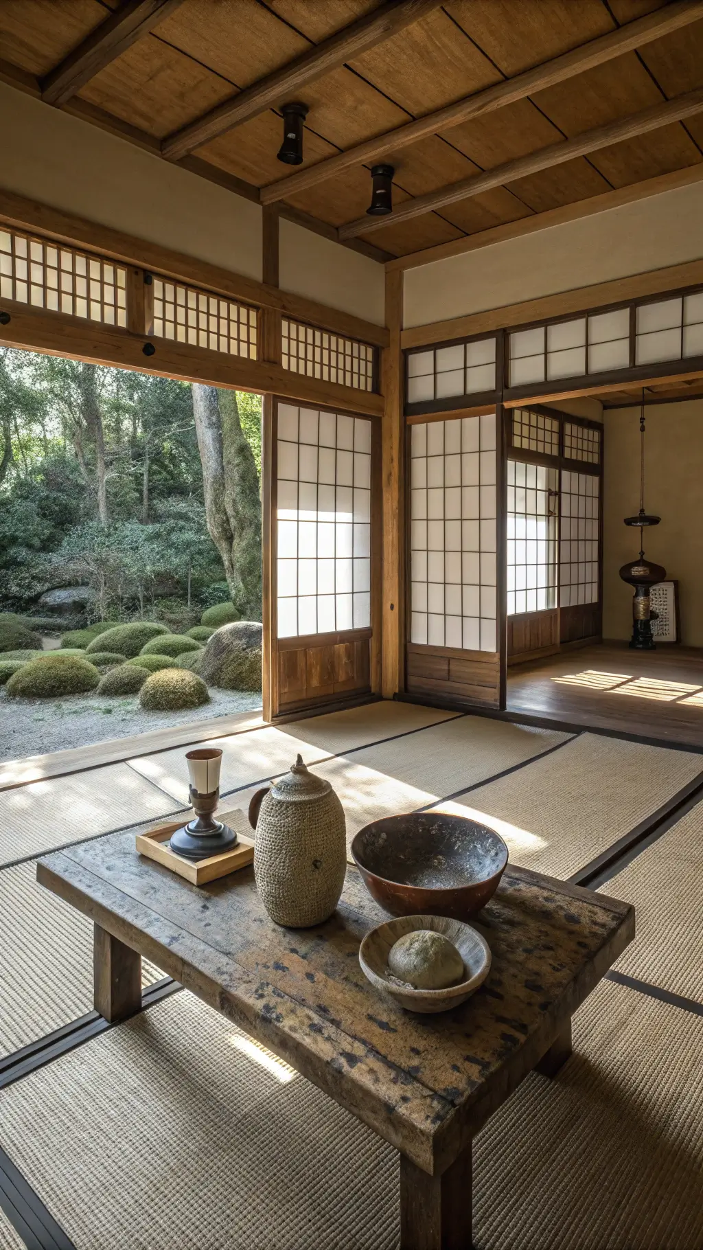 Serene Japanese tea room with morning light casting soft shadows on weathered wooden table displaying wabi-sabi pottery