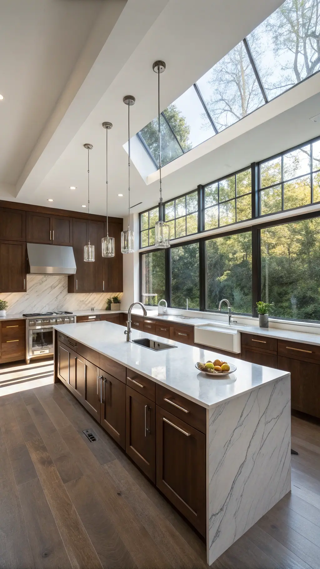 Spacious kitchen with warm morning light, dark walnut cabinets, white quartz countertops, central island, minimalist pendant lights, stainless steel appliances, and under-cabinet LED lighting from an angle perspective.