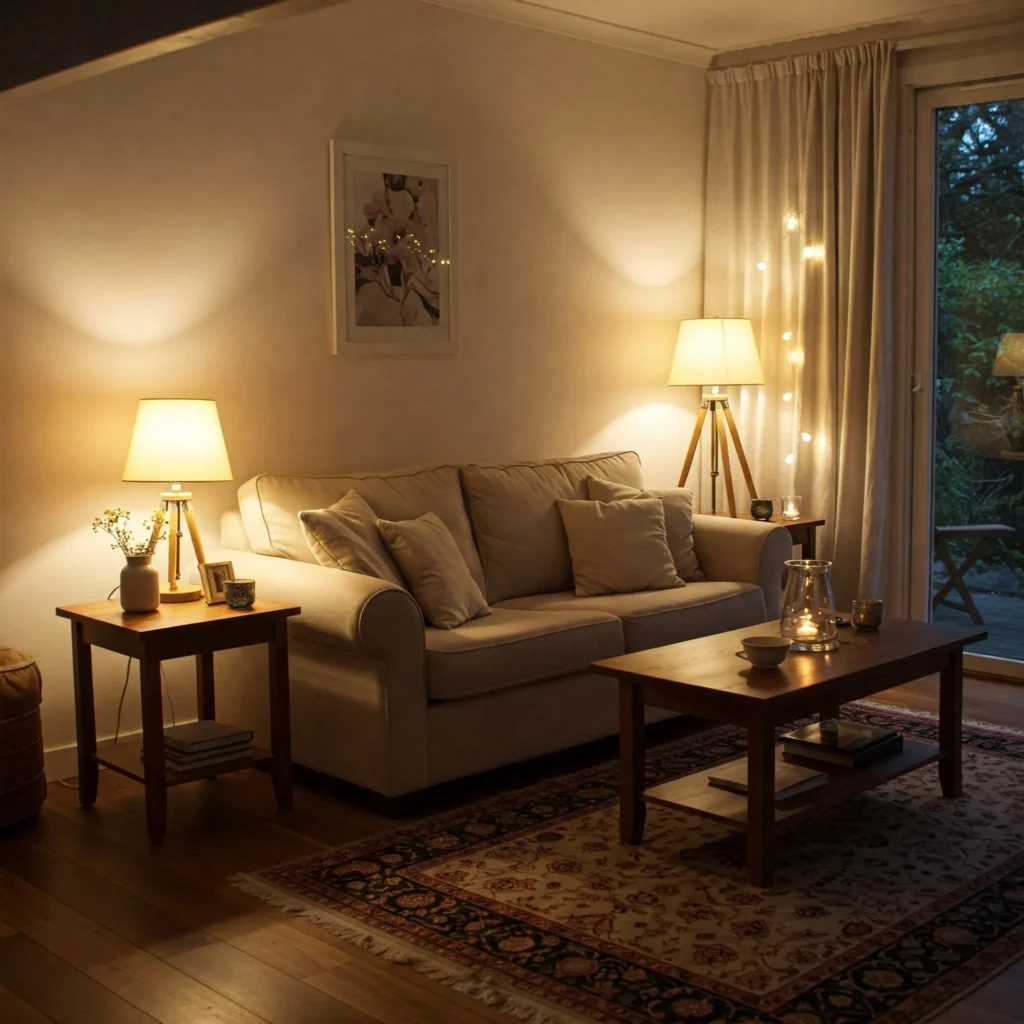 Soft ambient lighting in cozy living room