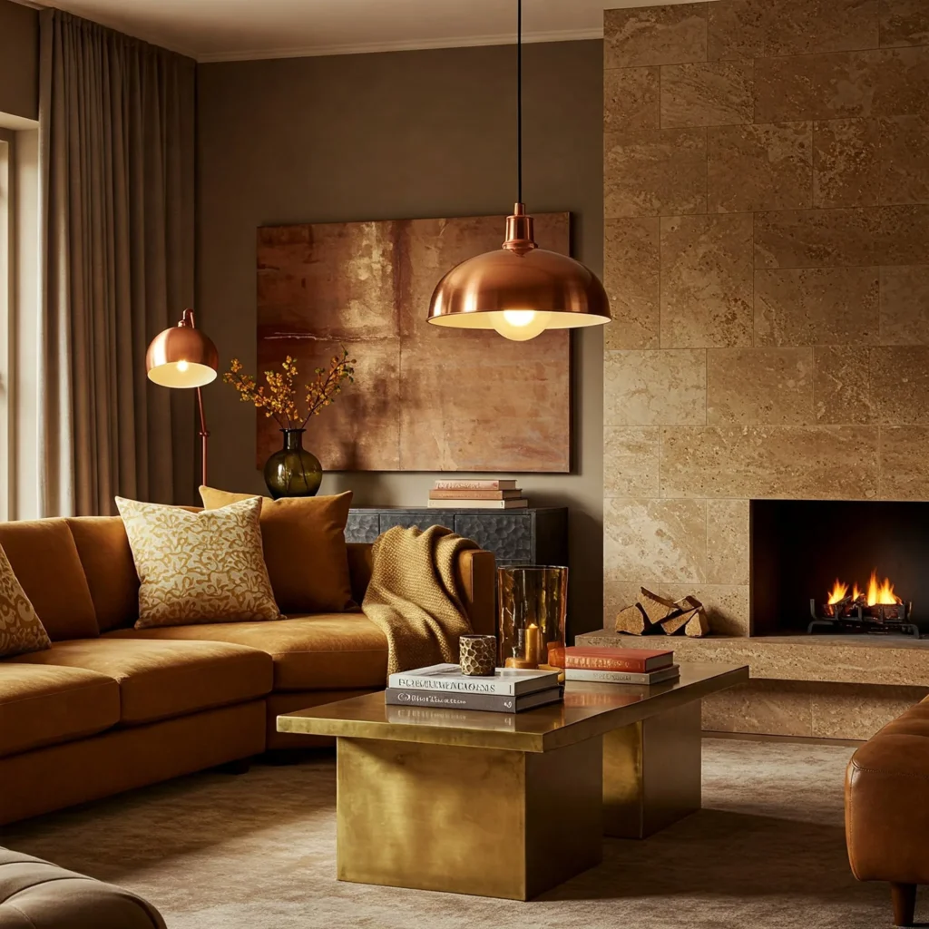 Warm metallic accents in living room