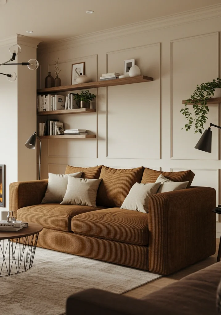 Living room with neutral walls and brown accents
