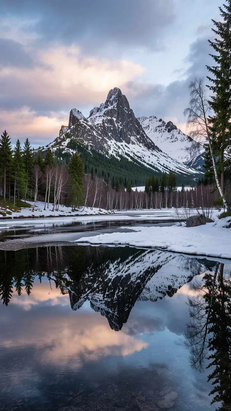 Snowy Nordic mountains, pale sky, birch trees, and reflective water embodying Scandinavian color inspiration.
