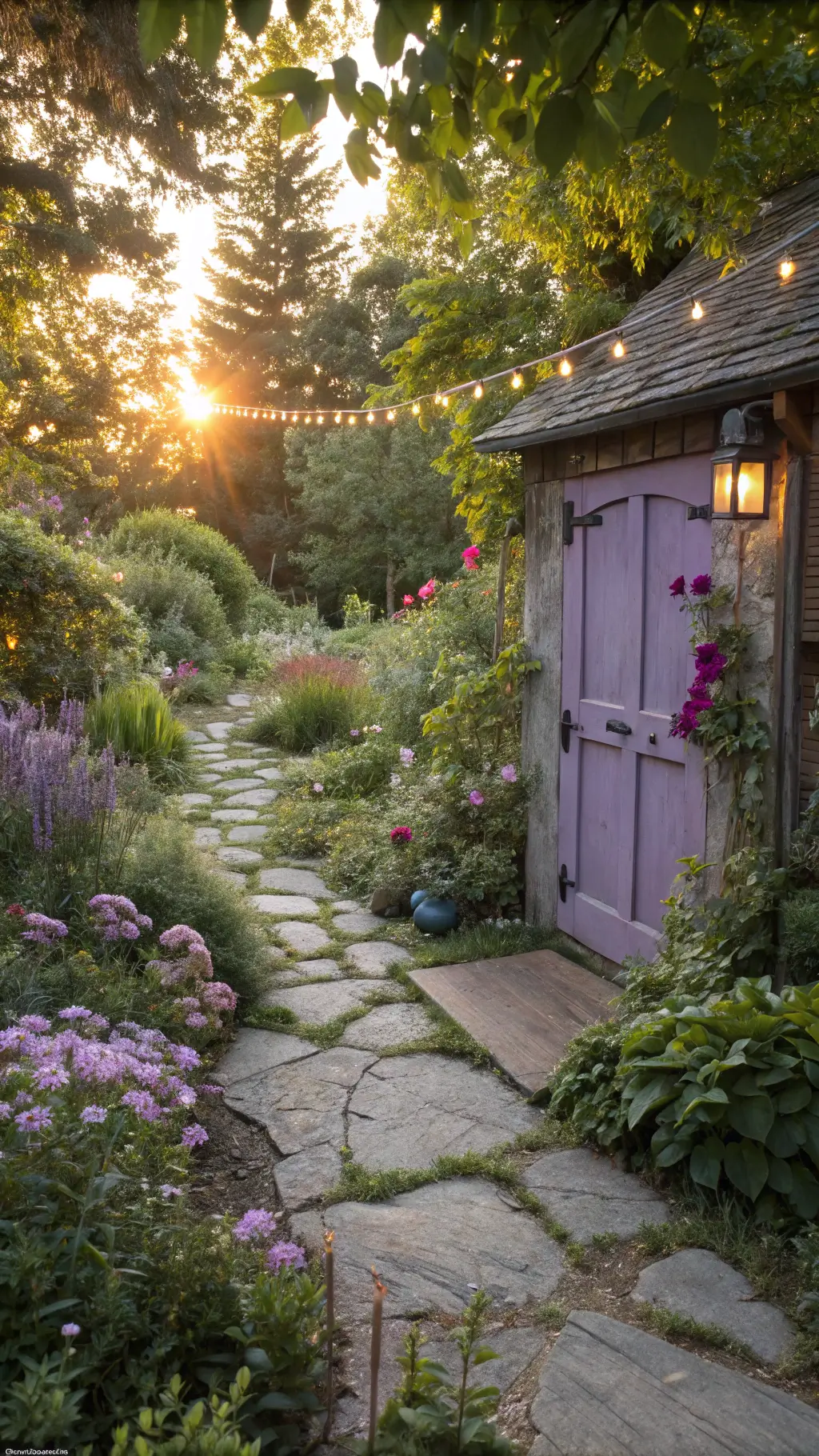 Golden hour view of a whimsical garden with a stone pathway, wildflowers, a purple door adorned with climbing roses, vintage teacup planters, fairy houses, and soft string lights