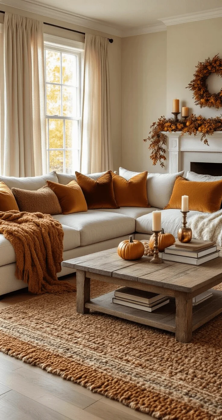 Warm living room with layered textures and autumn accents