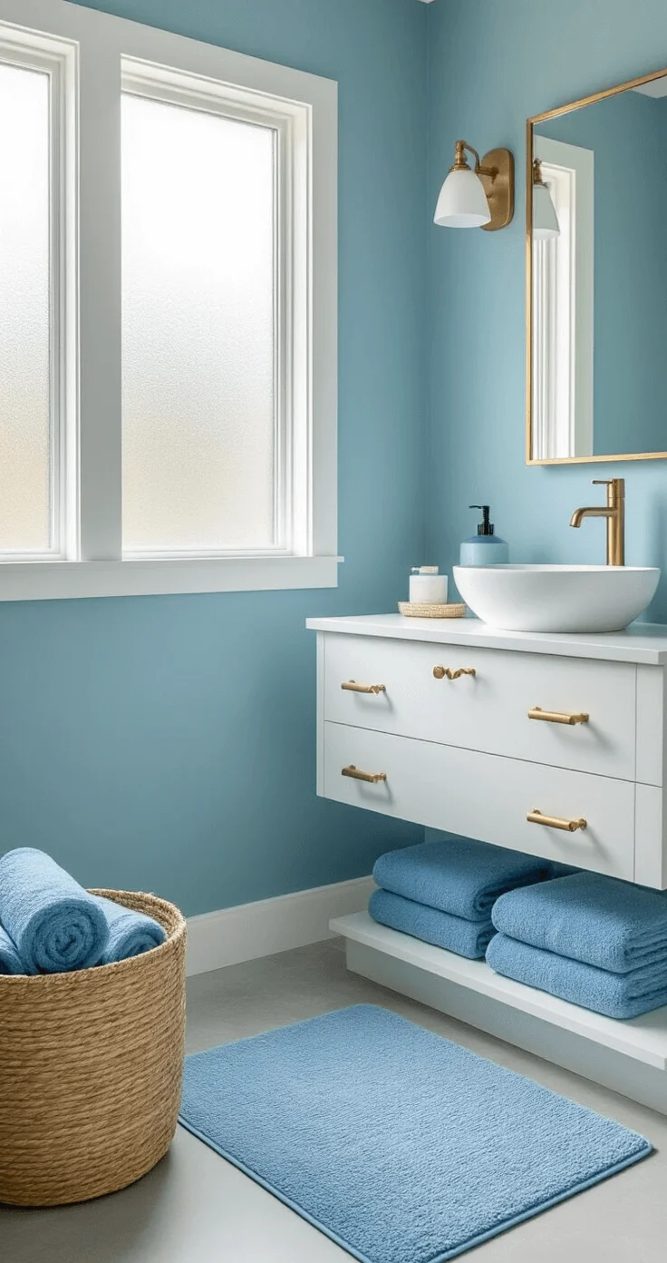 Modern bathroom with soft blue accent wall, sleek white vanity with brass fixtures, and natural light filtering through frosted glass, creating a peaceful spa ambiance.